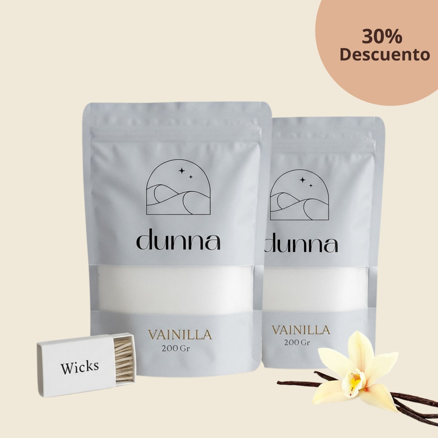 Velas de Arena Vainilla (200gr) + 30 Mechas